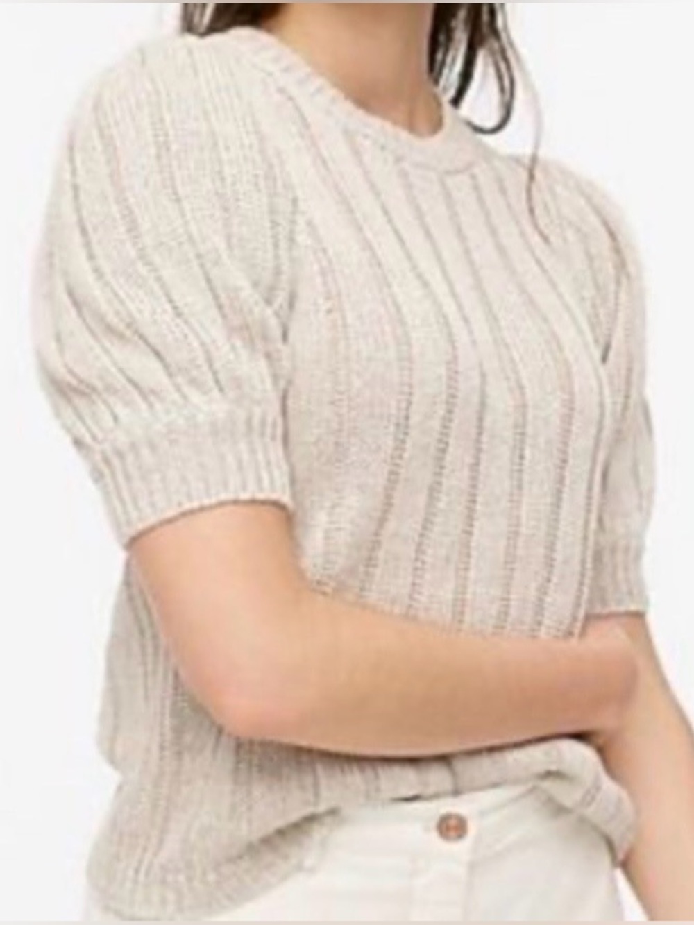 J.Crew Linen Ribbed Short Puff Sleeve Knit Sweater Top L